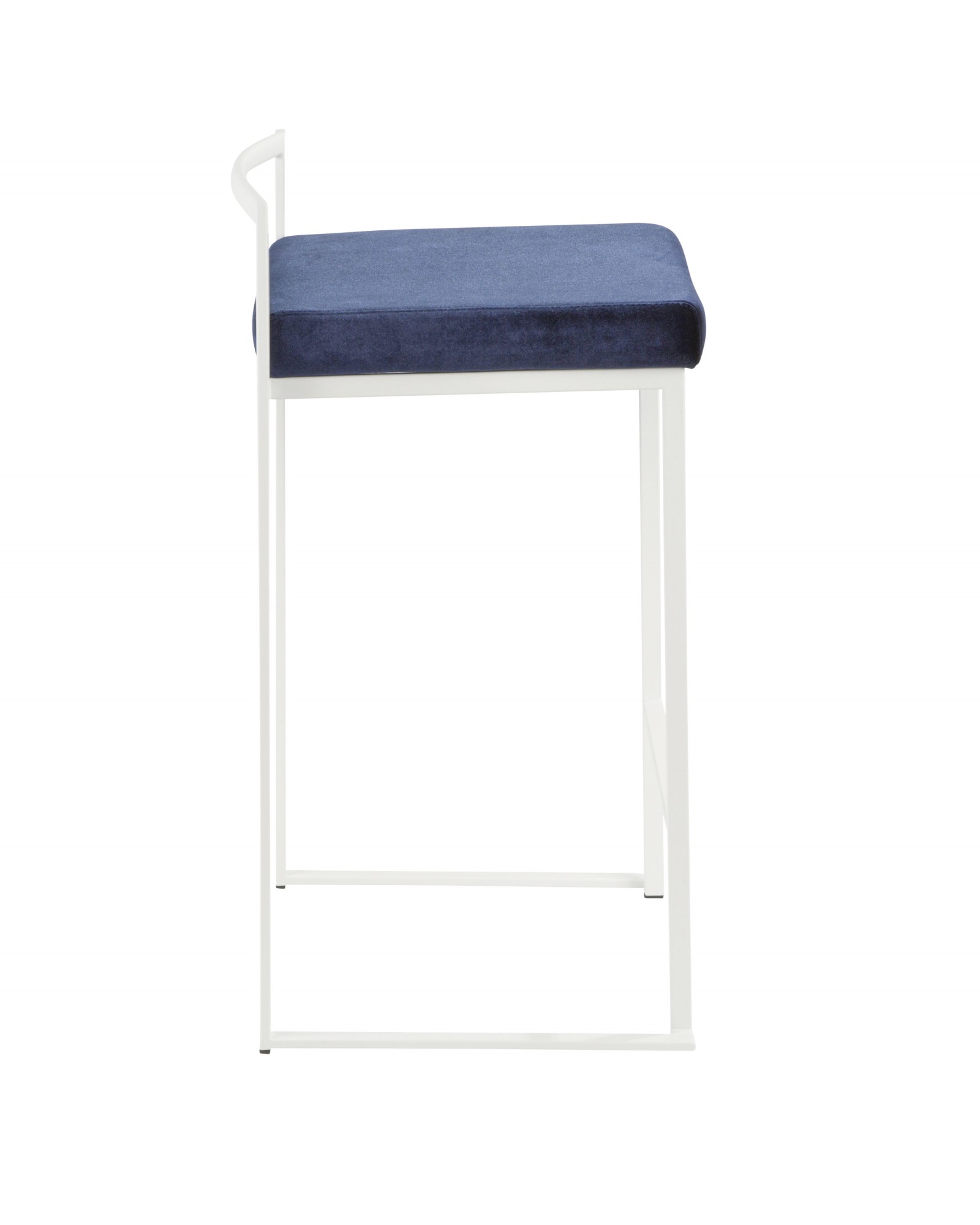 Fuji Contemporary Stackable Counter Stool in White with Blue Velvet Cushion - Set of 2