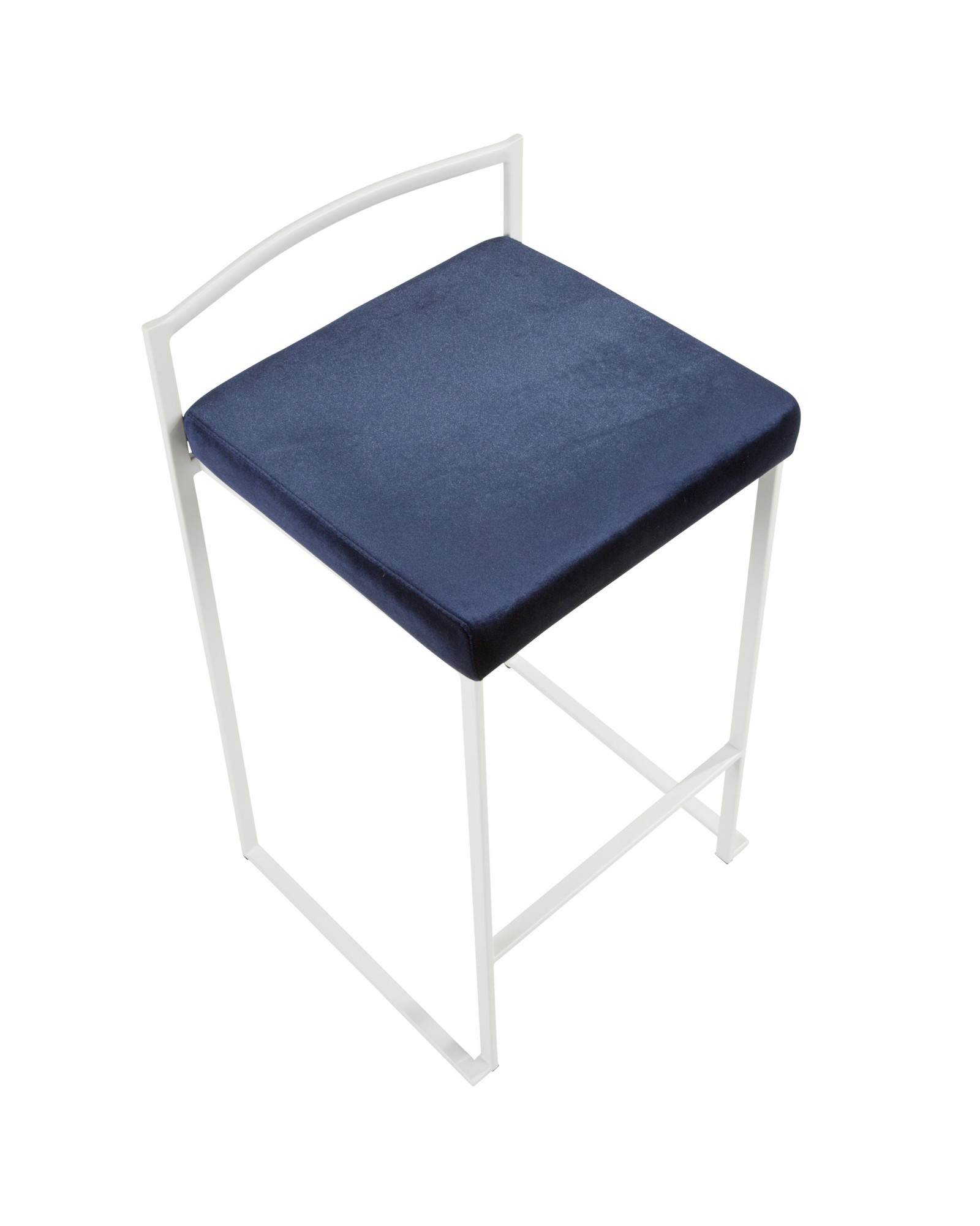 Fuji Contemporary Stackable Counter Stool in White with Blue Velvet Cushion - Set of 2