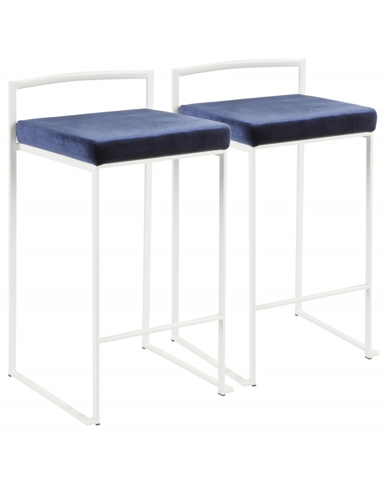 Fuji Contemporary Stackable Counter Stool in White with Blue Velvet Cushion - Set of 2