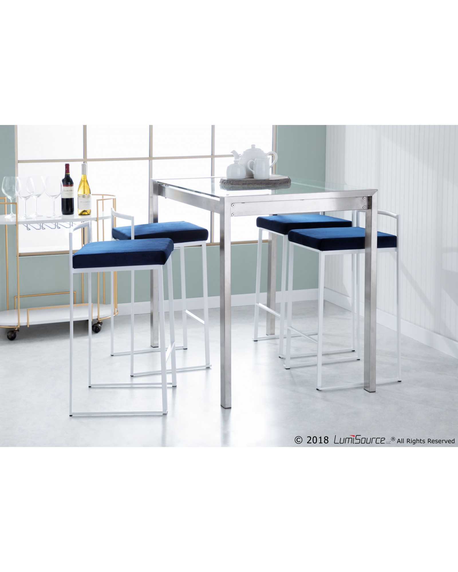 Fuji Contemporary Stackable Counter Stool in White with Blue Velvet Cushion - Set of 2