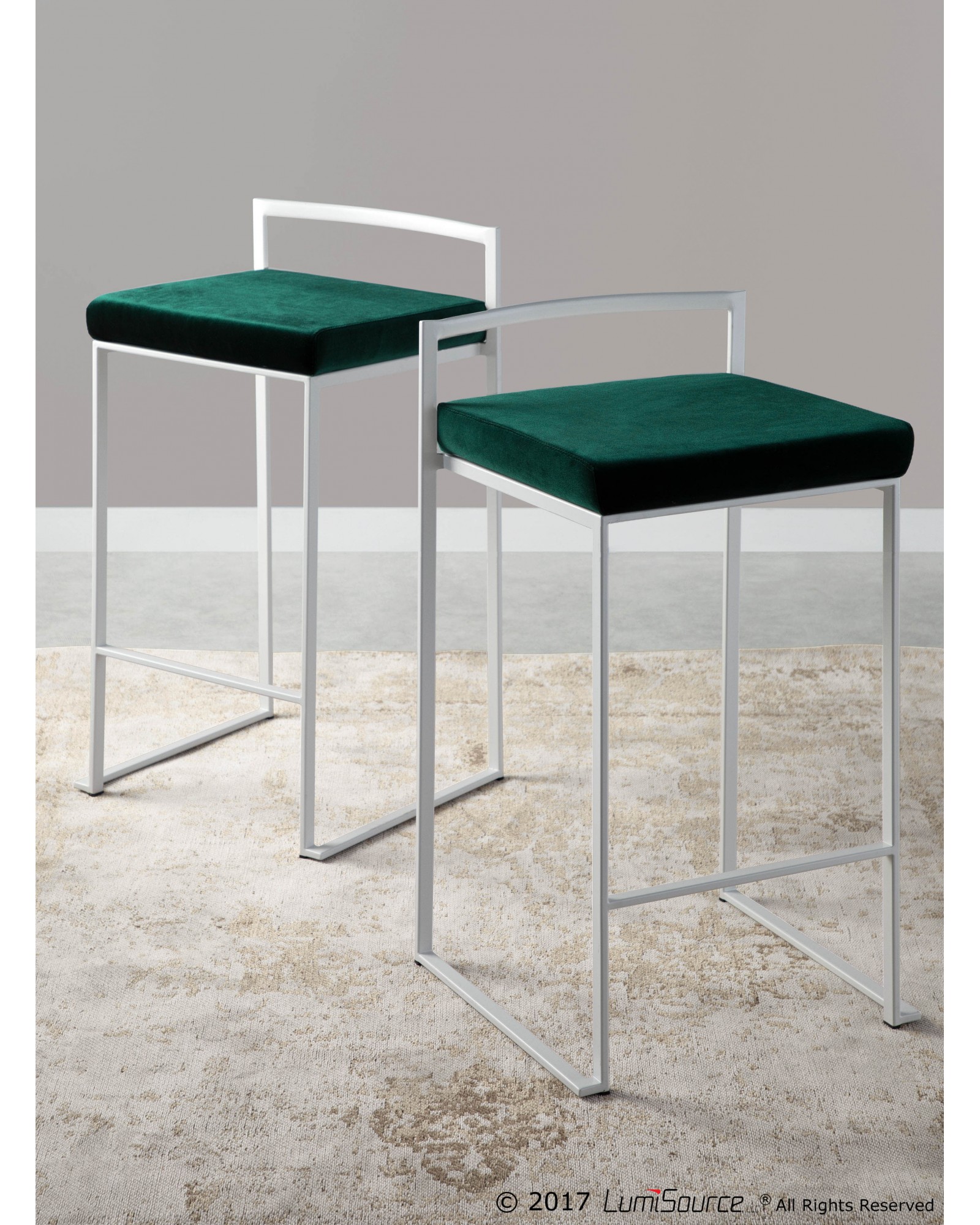 Fuji Contemporary Stackable Counter Stool in White with Green Velvet Cushion - Set of 2