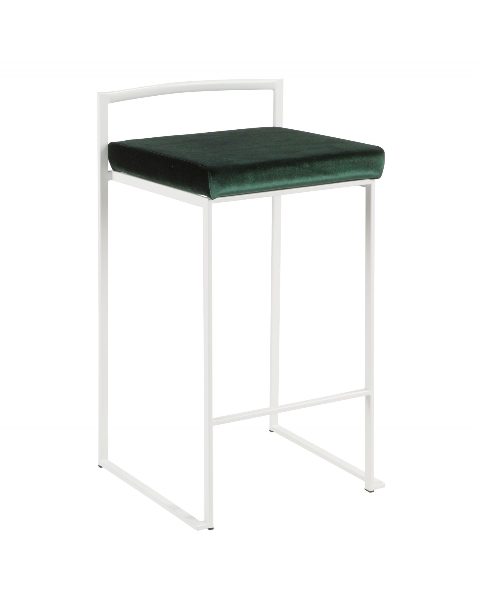 Fuji Contemporary Stackable Counter Stool in White with Green Velvet Cushion - Set of 2