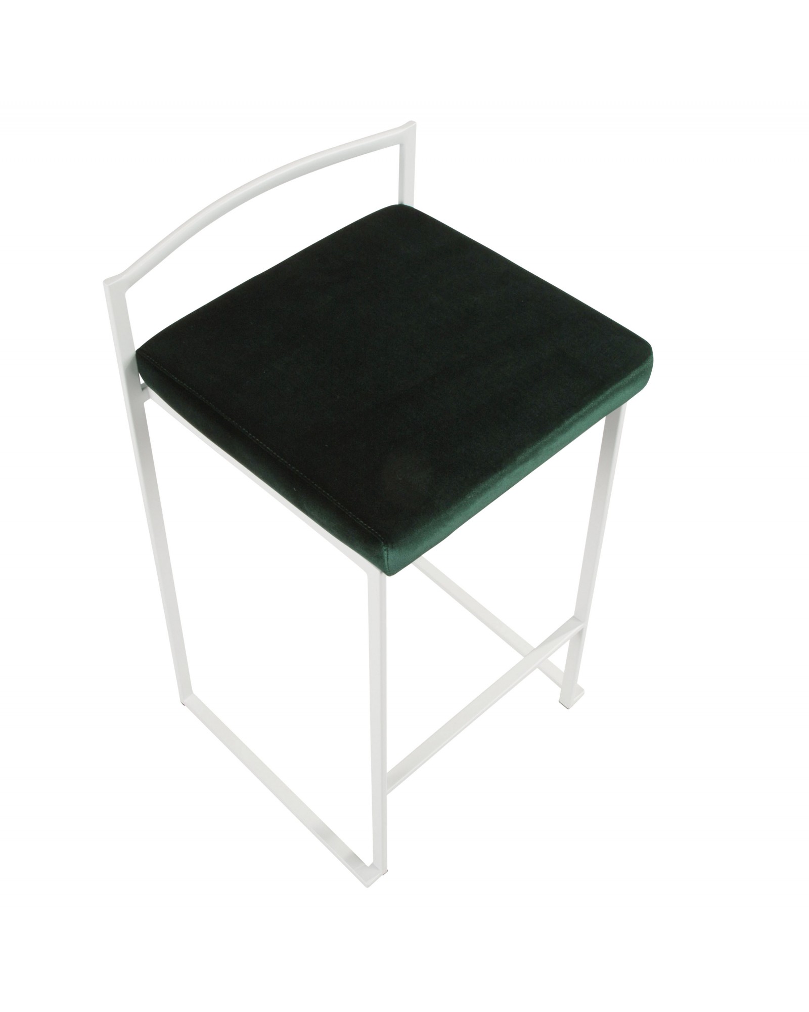 Fuji Contemporary Stackable Counter Stool in White with Green Velvet Cushion - Set of 2