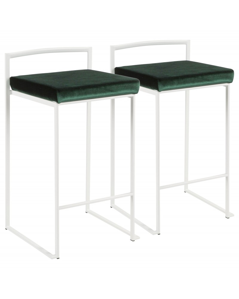 Fuji Contemporary Stackable Counter Stool in White with Green Velvet Cushion - Set of 2