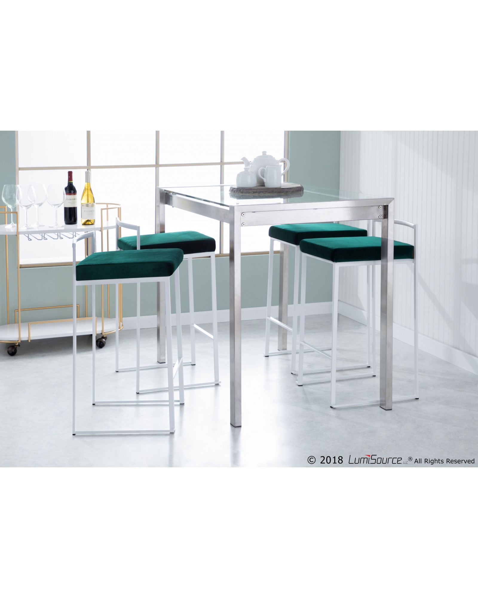 Fuji Contemporary Stackable Counter Stool in White with Green Velvet Cushion - Set of 2