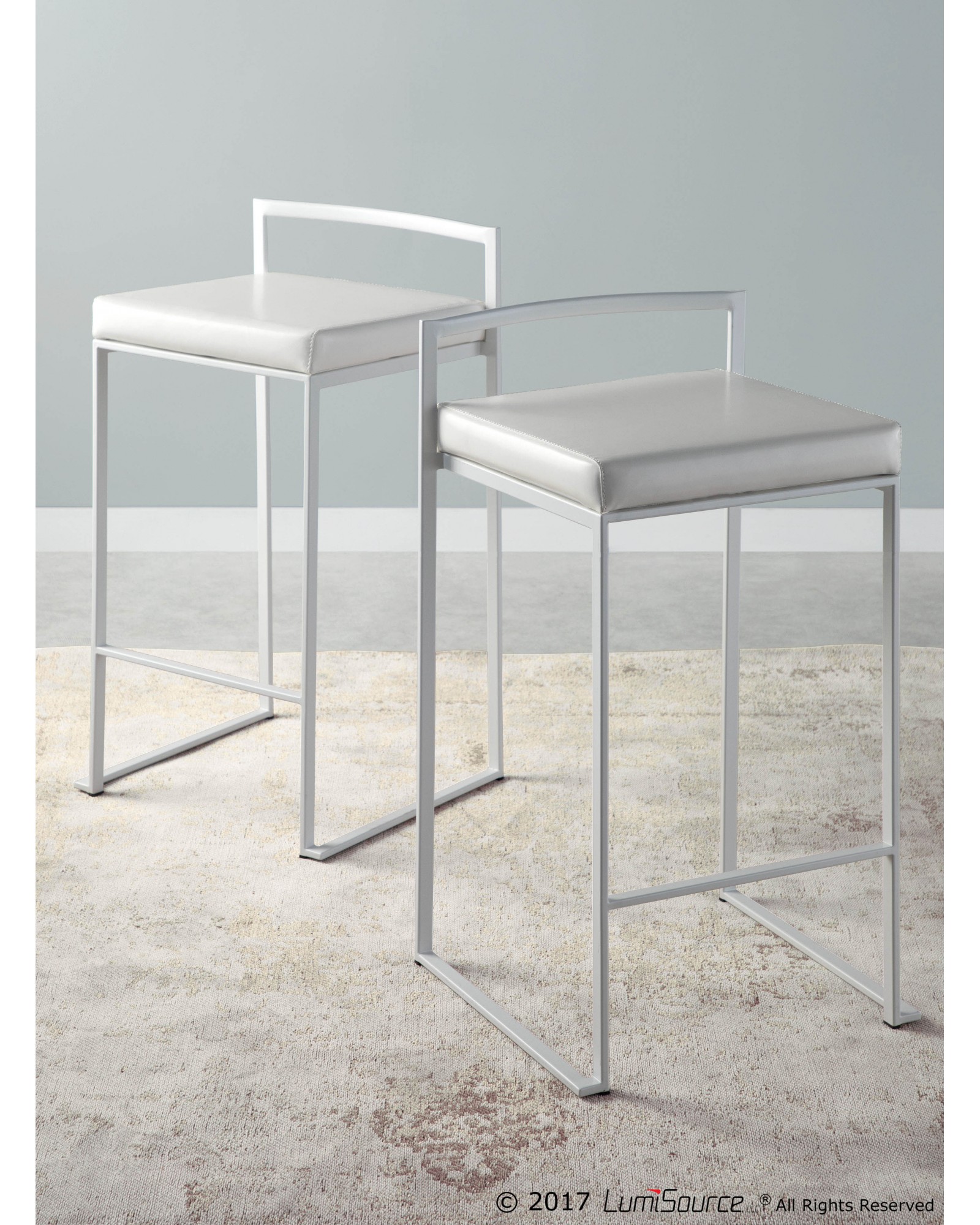 Fuji Contemporary Stackable Counter Stool in White with White Faux Leather Cushion - Set of 2