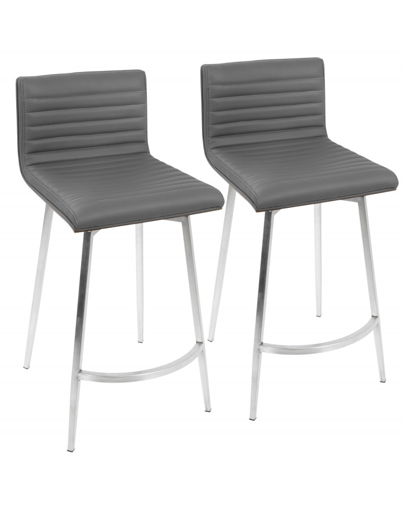 Mason Contemporary Swivel Counter Stool in Stainless Steel, Walnut Wood, and Grey Faux Leather - Set of 2