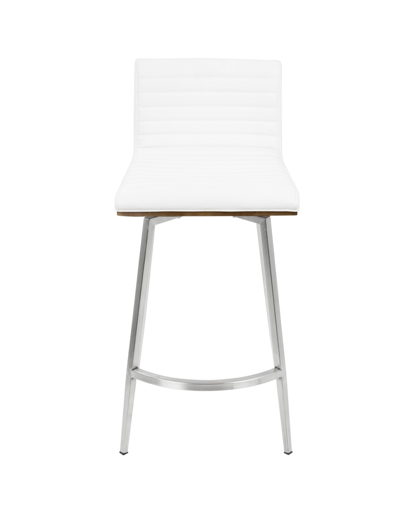 Mason Contemporary Swivel Counter Stool in Stainless Steel, Walnut Wood, and White Faux Leather - Set of 2