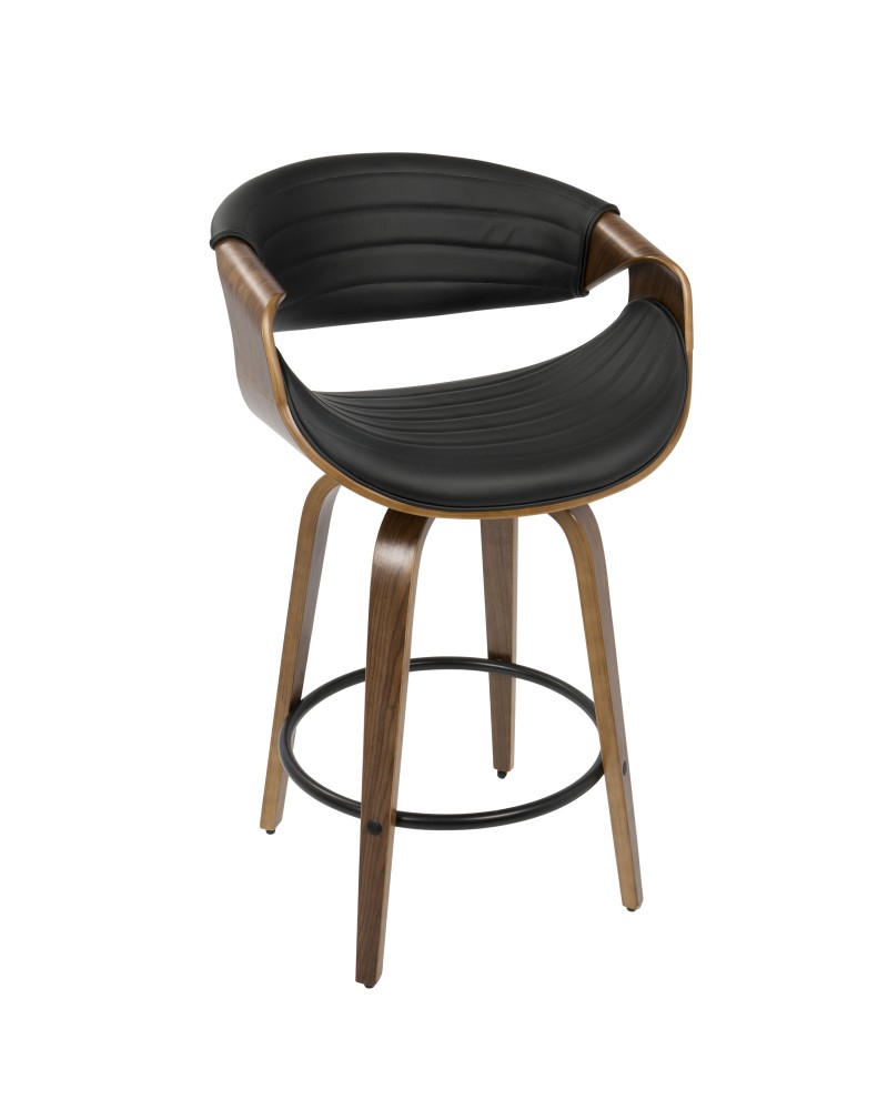 Symphony Mid-Century Modern Counter Stool in Walnut and Black Faux Leather