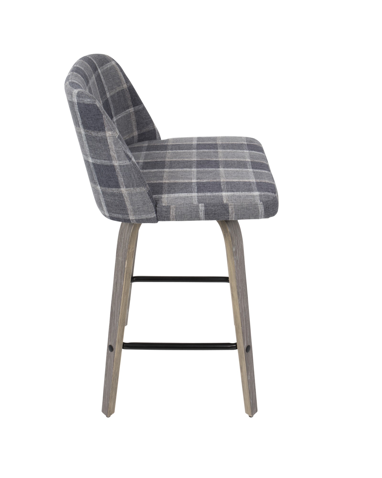 Toriano Mid-Century Modern Counter Stool in Light Grey Wood and Blue Plaid