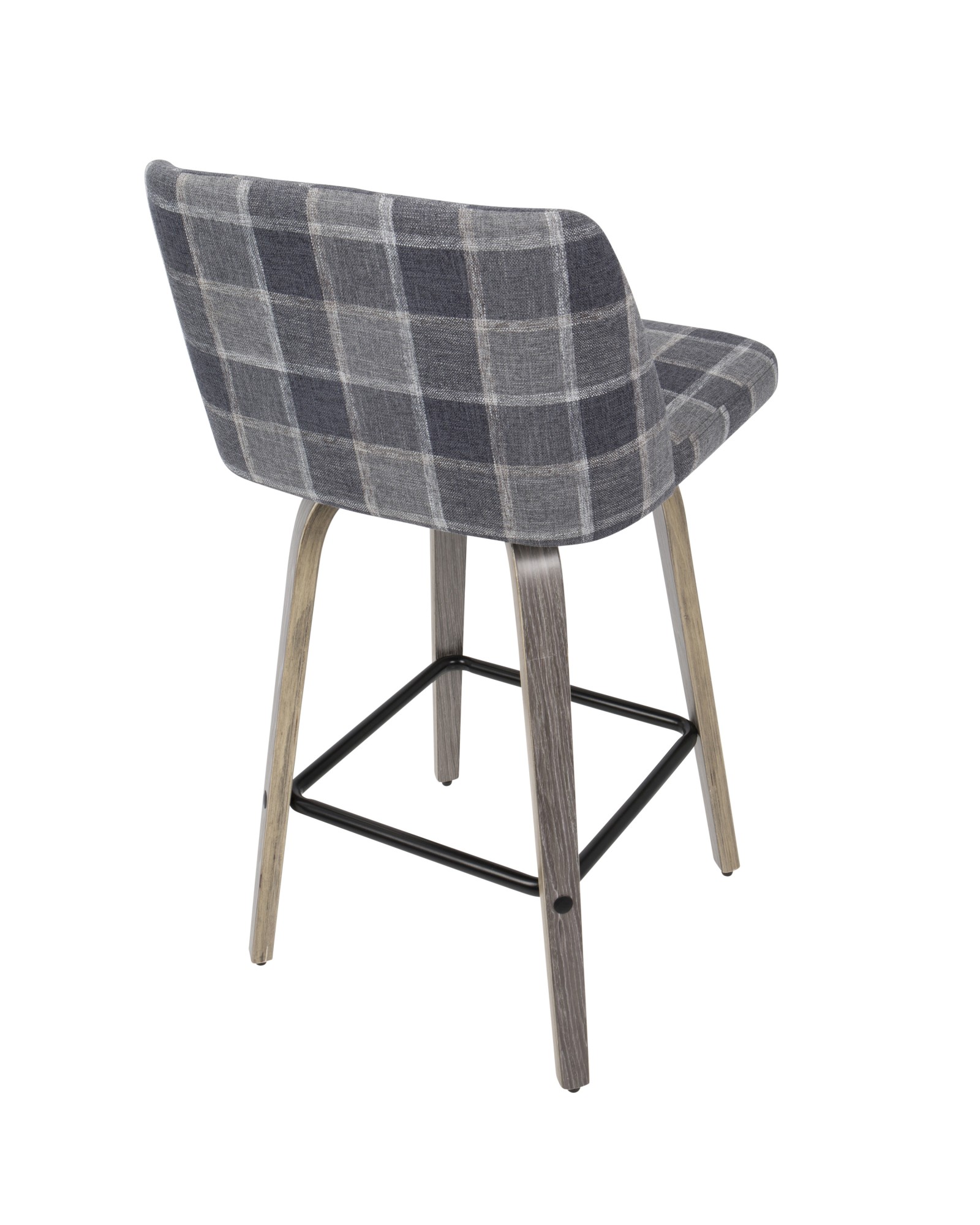 Toriano Mid-Century Modern Counter Stool in Light Grey Wood and Blue Plaid