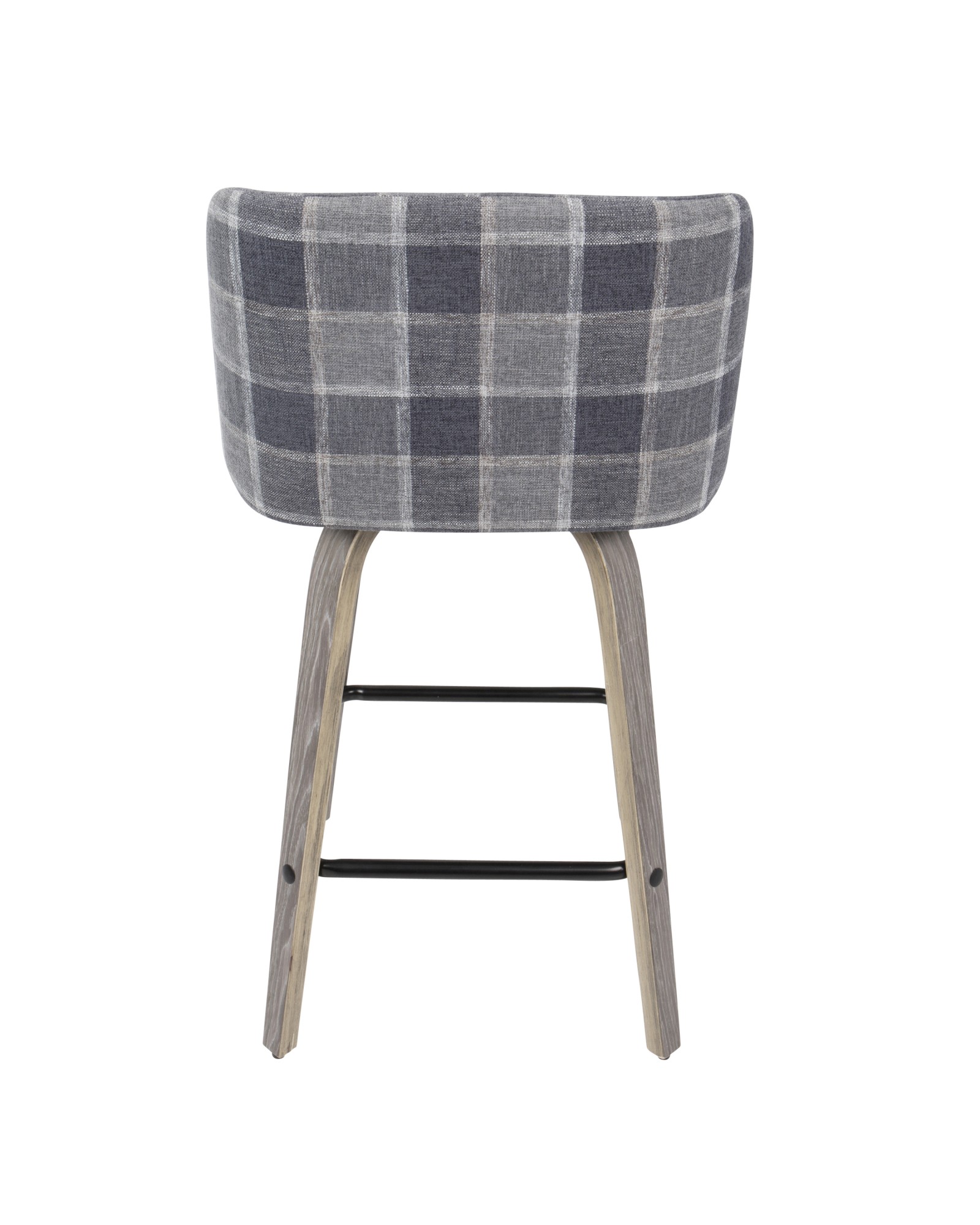 Toriano Mid-Century Modern Counter Stool in Light Grey Wood and Blue Plaid