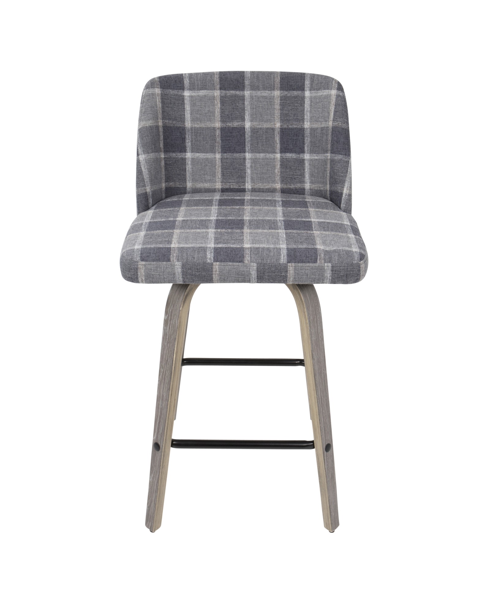 Toriano Mid-Century Modern Counter Stool in Light Grey Wood and Blue Plaid