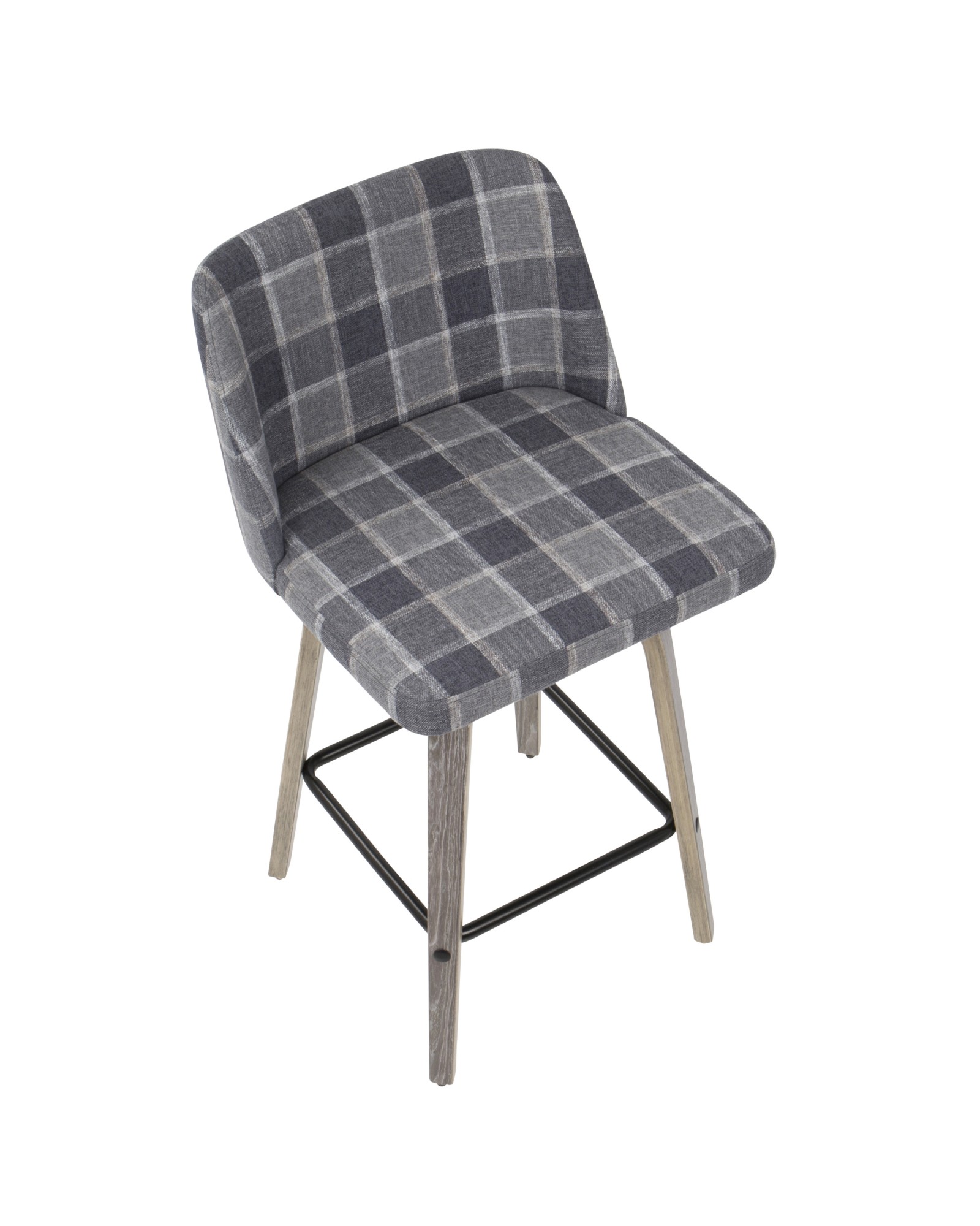 Toriano Mid-Century Modern Counter Stool in Light Grey Wood and Blue Plaid