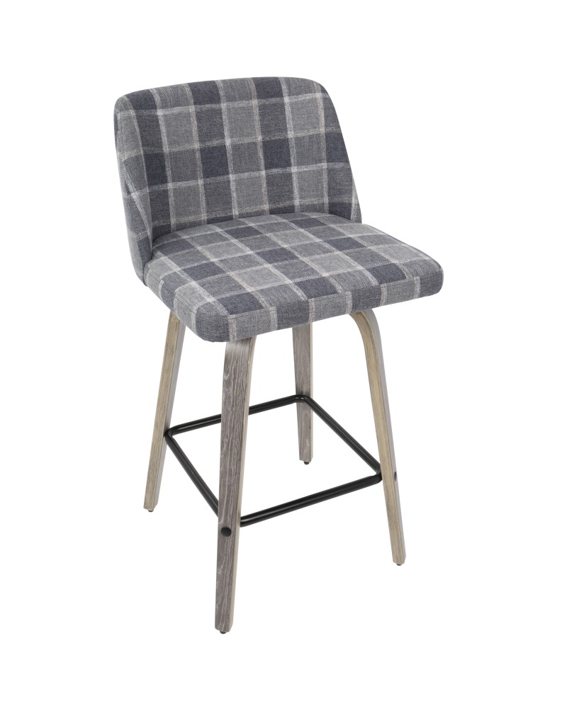 Toriano Mid-Century Modern Counter Stool in Light Grey Wood and Blue Plaid