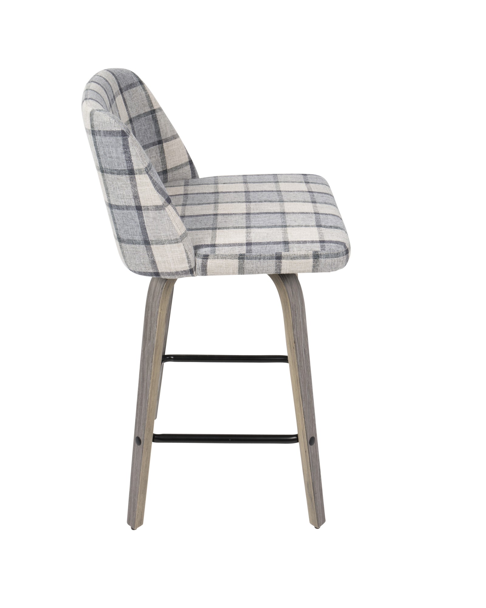 Toriano Mid-Century Modern Counter Stool in Light Grey Wood and Grey Plaid