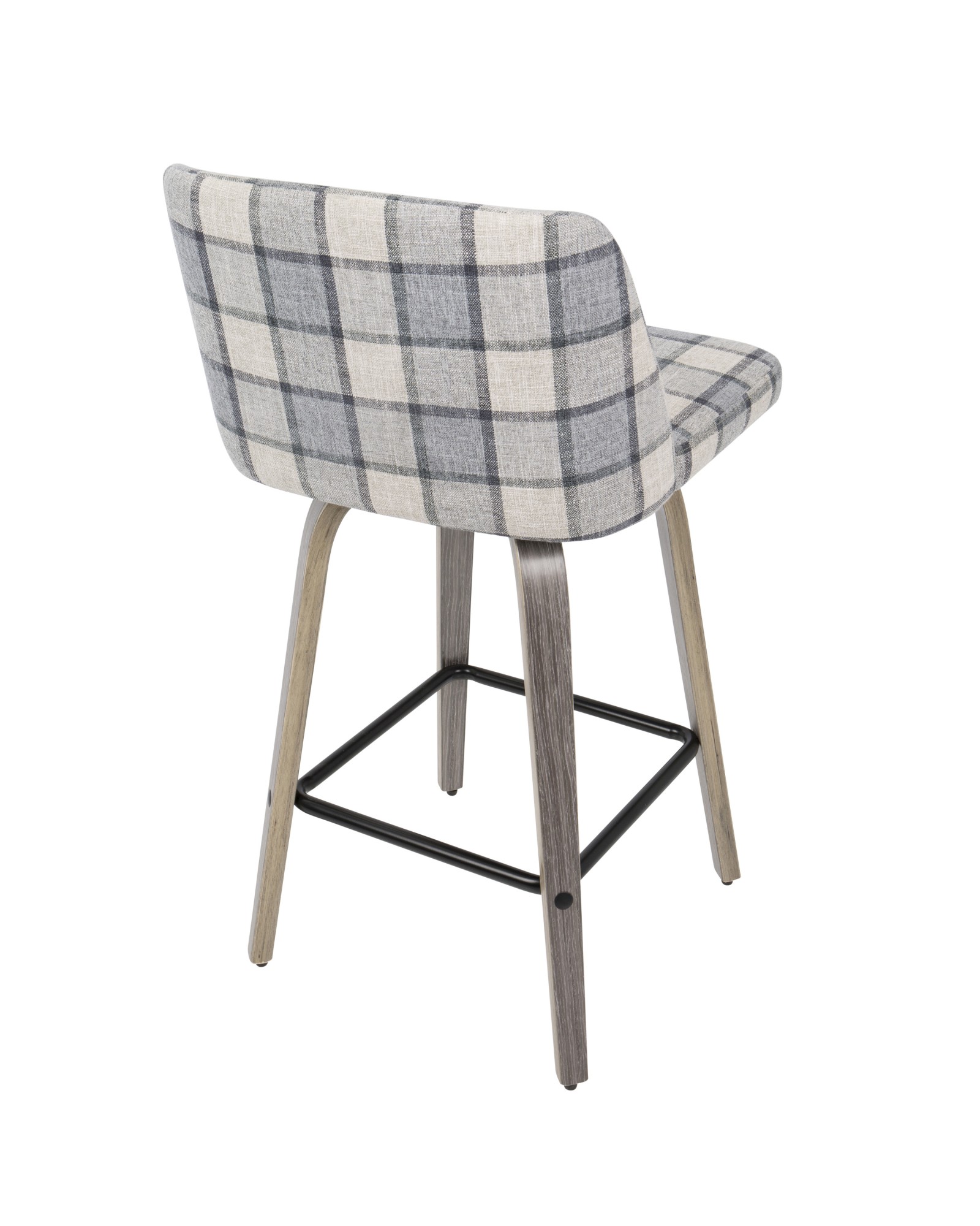 Toriano Mid-Century Modern Counter Stool in Light Grey Wood and Grey Plaid