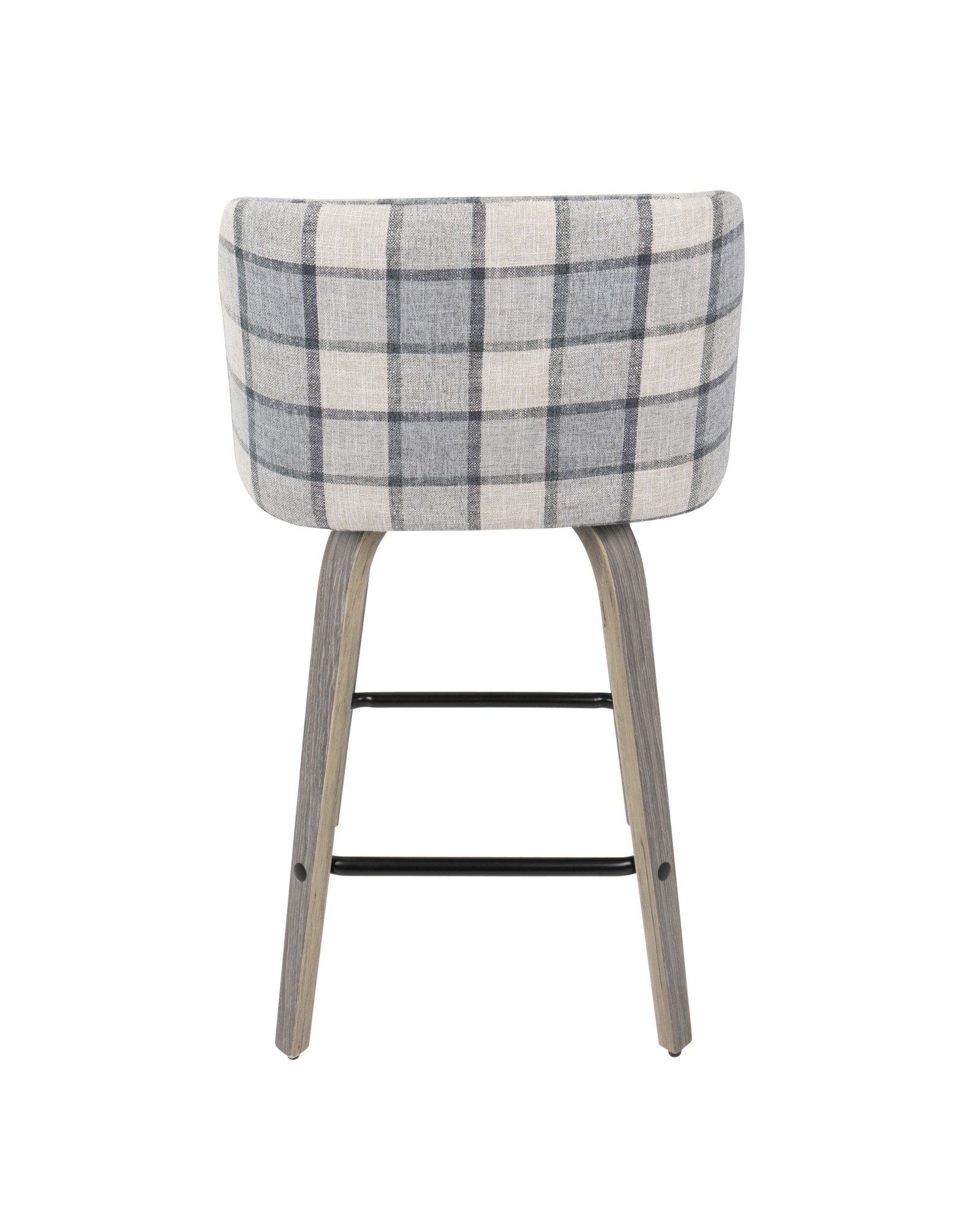 Toriano Mid-Century Modern Counter Stool in Light Grey Wood and Grey Plaid
