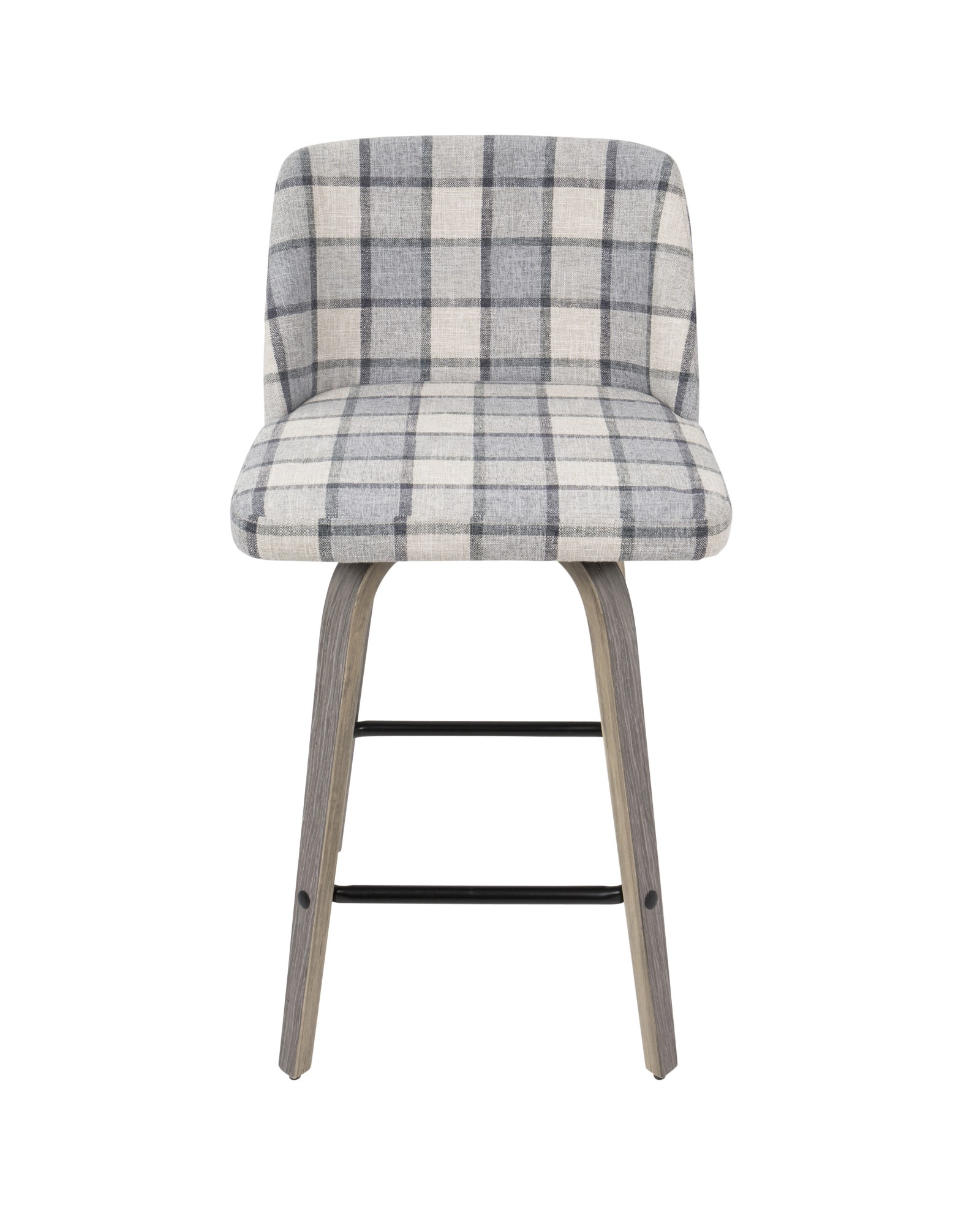 Toriano Mid-Century Modern Counter Stool in Light Grey Wood and Grey Plaid