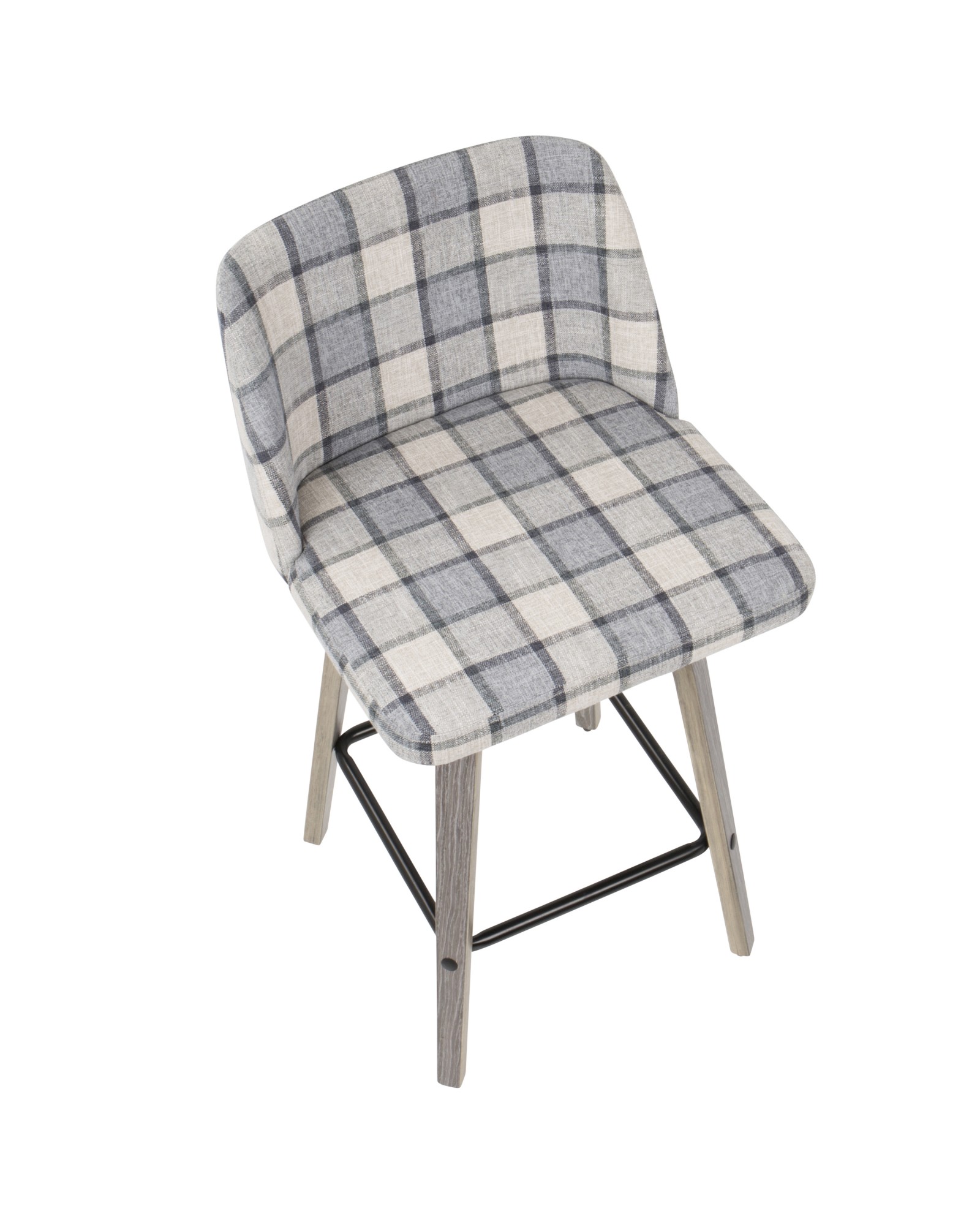 Toriano Mid-Century Modern Counter Stool in Light Grey Wood and Grey Plaid