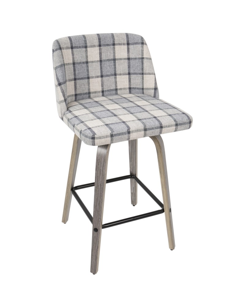 Toriano Mid-Century Modern Counter Stool in Light Grey Wood and Grey Plaid