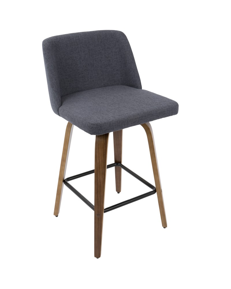 Toriano Mid-Century Modern Counter Stool in Walnut and Blue Fabric