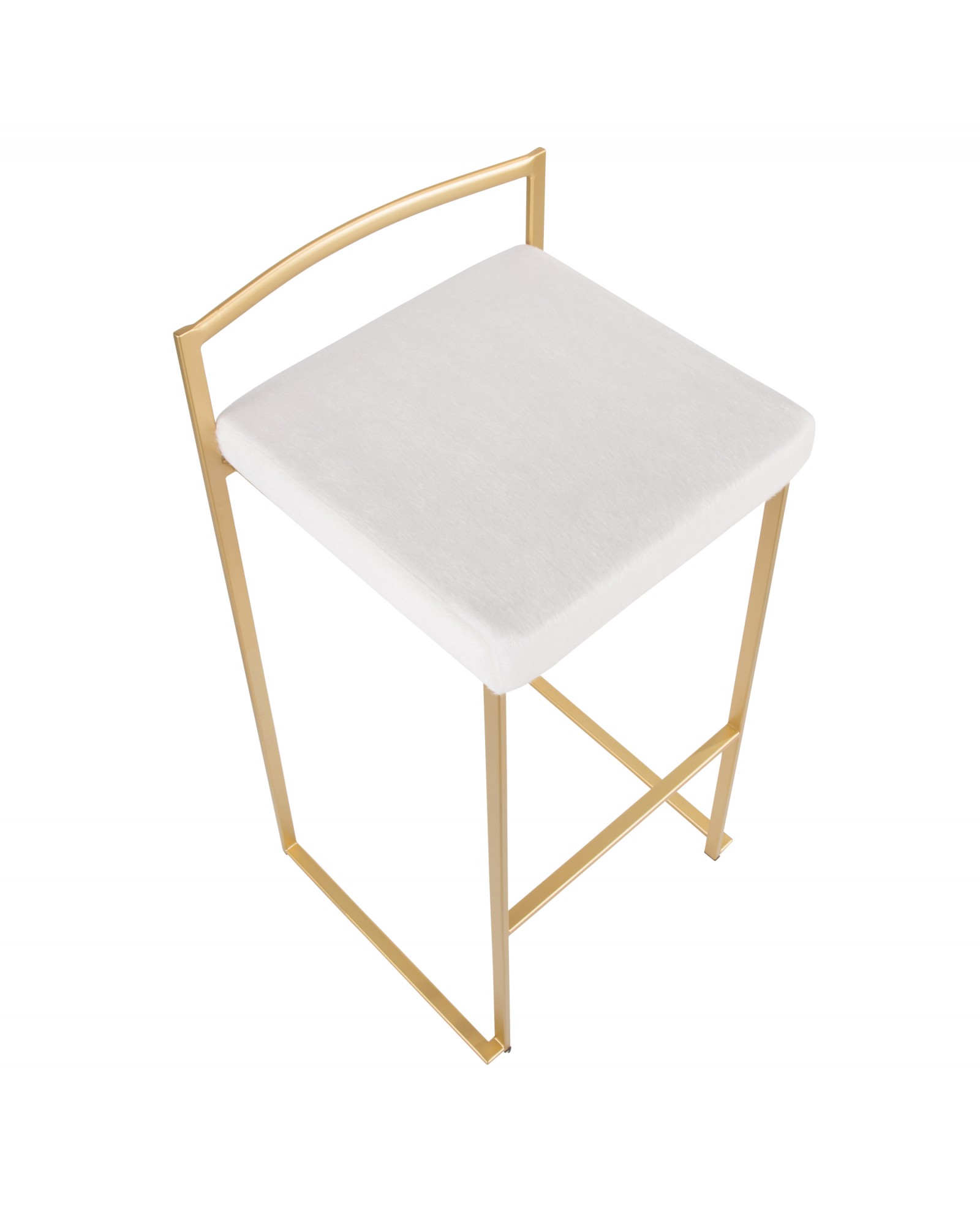 Fuji Contemporary-Glam Stackable Barstool in Gold with White Mohair Cushion - Set of 2