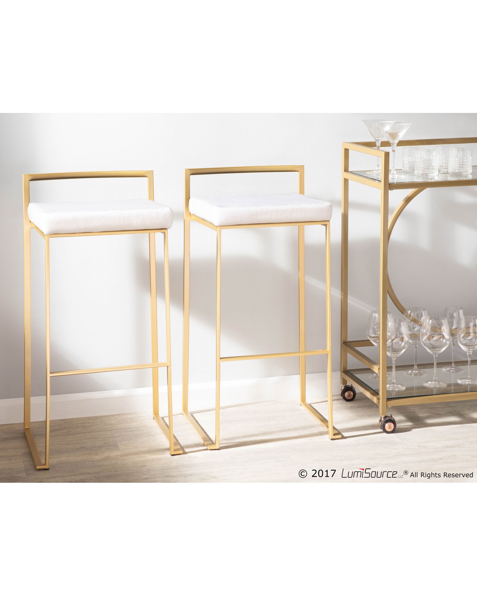 Fuji Contemporary-Glam Stackable Barstool in Gold with White Mohair Cushion - Set of 2