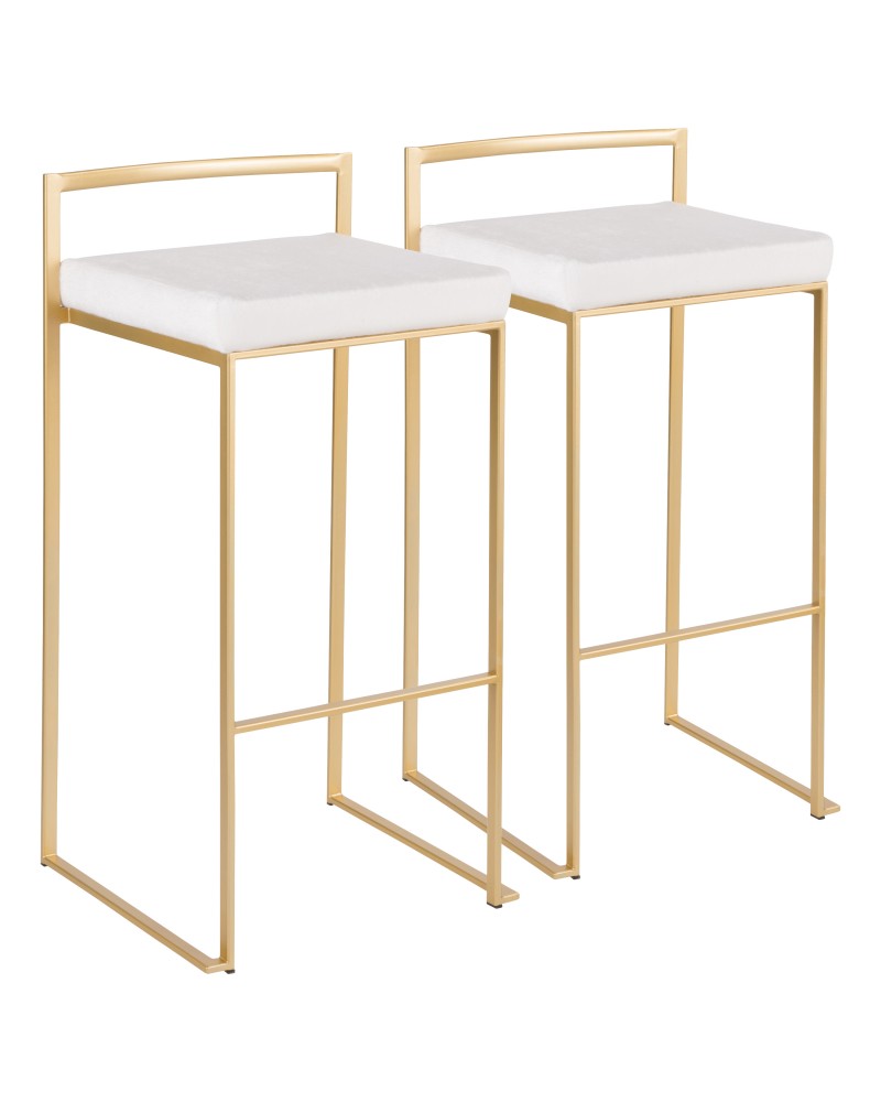 Fuji Contemporary-Glam Stackable Barstool in Gold with White Mohair Cushion - Set of 2