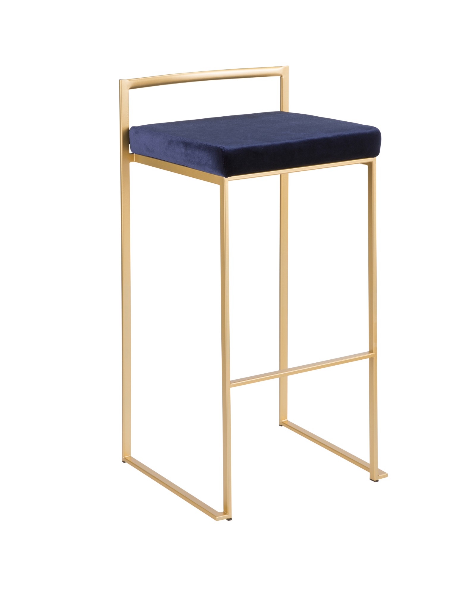 Fuji Contemporary-Glam Stackable Barstool in Gold with Blue Velvet Cushion - Set of 2