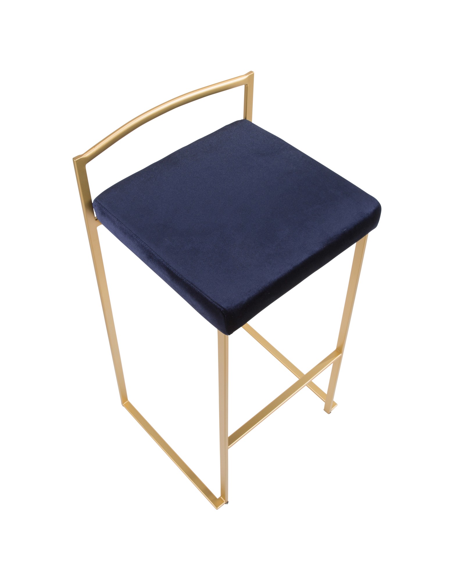 Fuji Contemporary-Glam Stackable Barstool in Gold with Blue Velvet Cushion - Set of 2