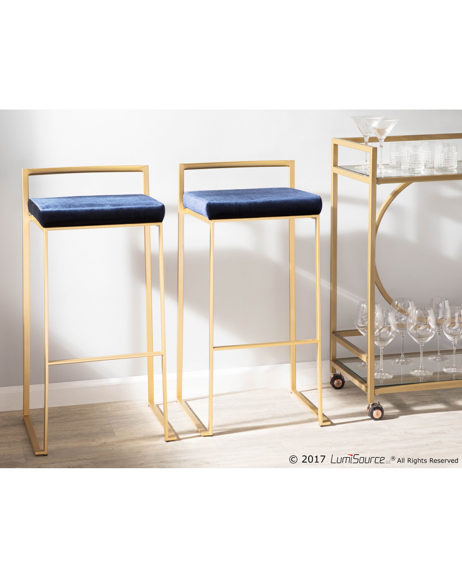 Fuji Contemporary-Glam Stackable Barstool in Gold with Blue Velvet Cushion - Set of 2