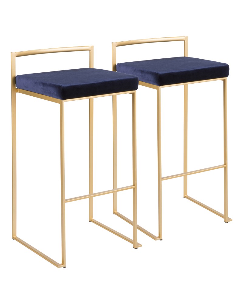 Fuji Contemporary-Glam Stackable Barstool in Gold with Blue Velvet Cushion - Set of 2