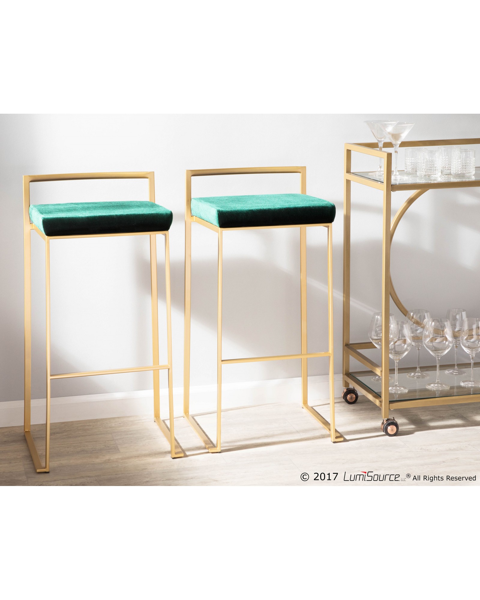 Fuji Contemporary-Glam Stackable Barstool in Gold with Green Velvet Cushion - Set of 2