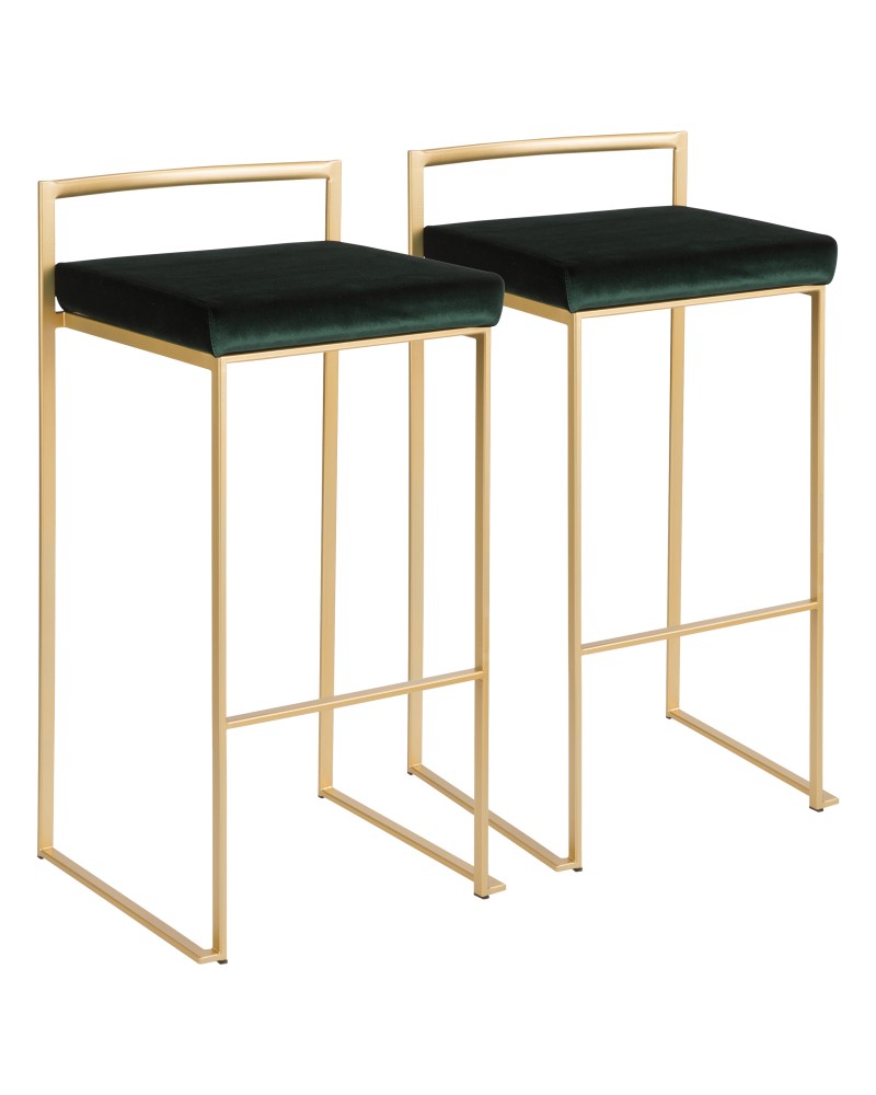 Fuji Contemporary-Glam Stackable Barstool in Gold with Green Velvet Cushion - Set of 2