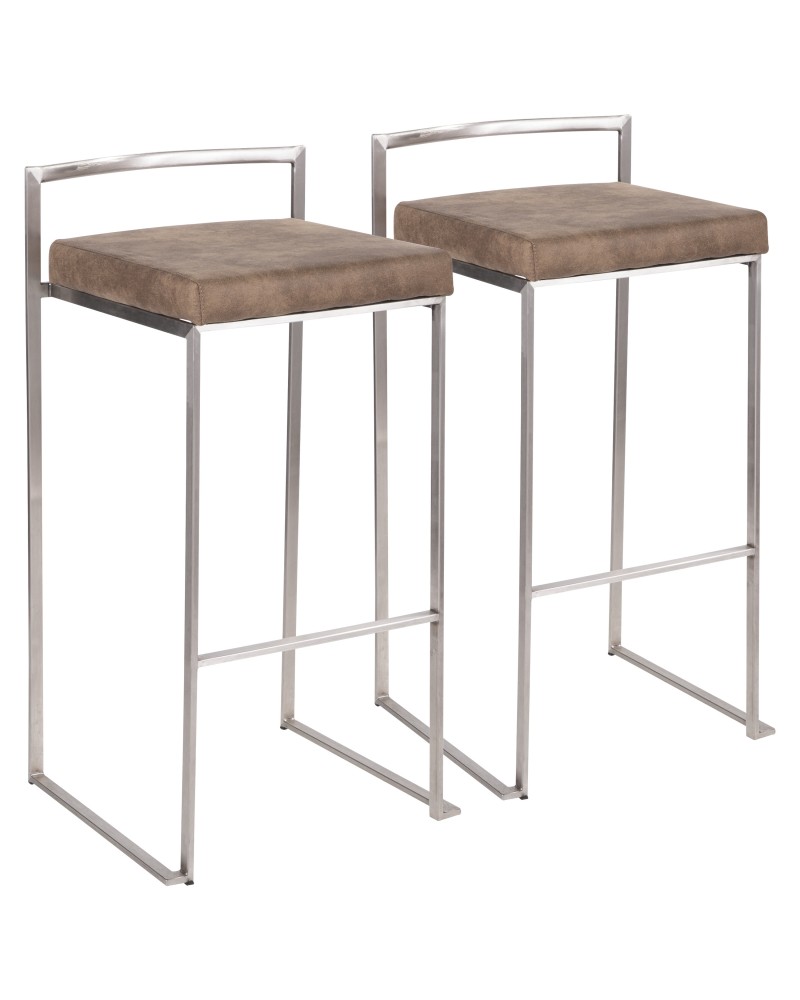 Fuji Contemporary Stackable Barstool in Stainless Steel with Brown Cowboy Fabric Cushion - Set of 2