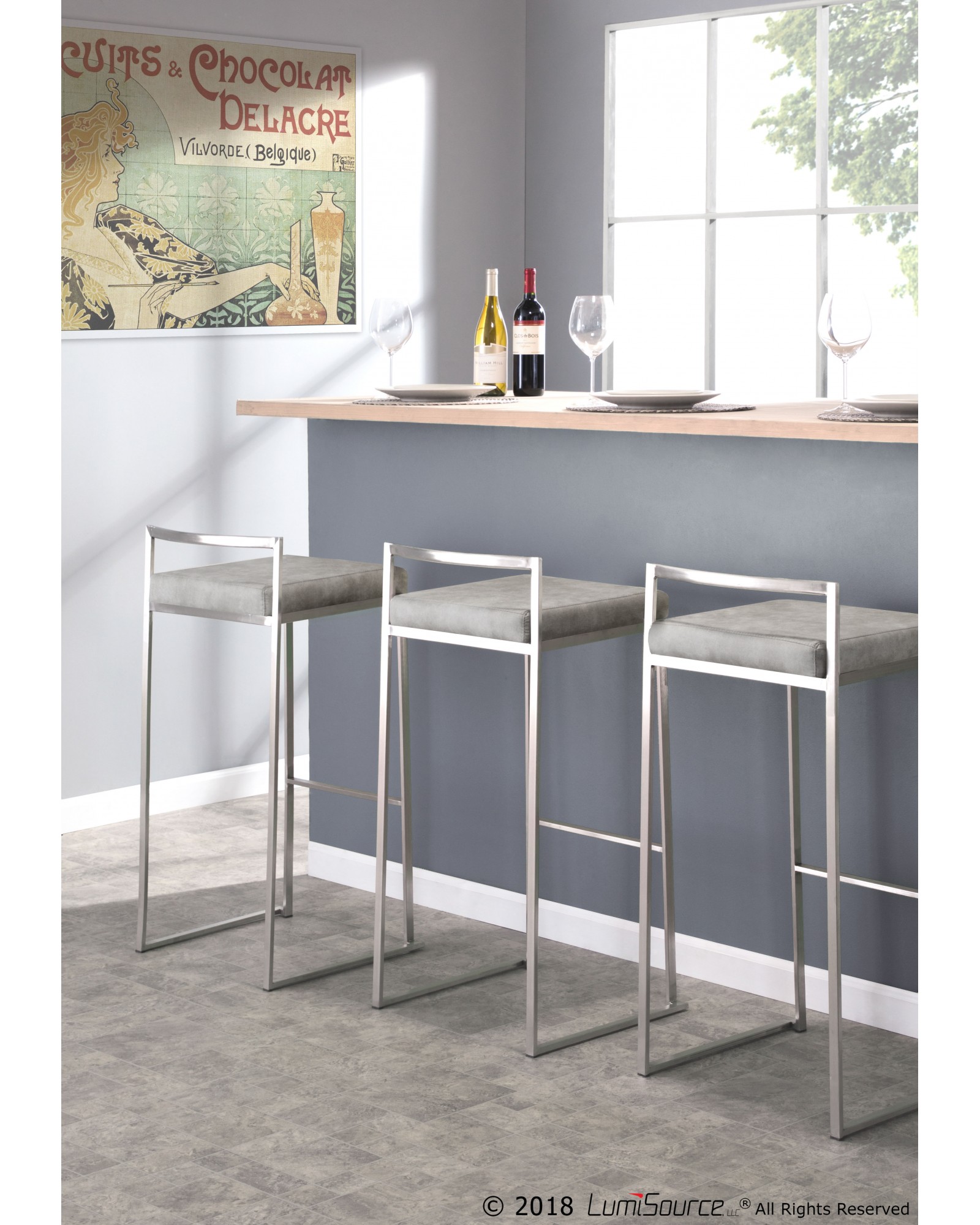 Fuji Contemporary Stackable Barstool in Stainless Steel with Light Grey Cowboy Fabric Cushion - Set of 2