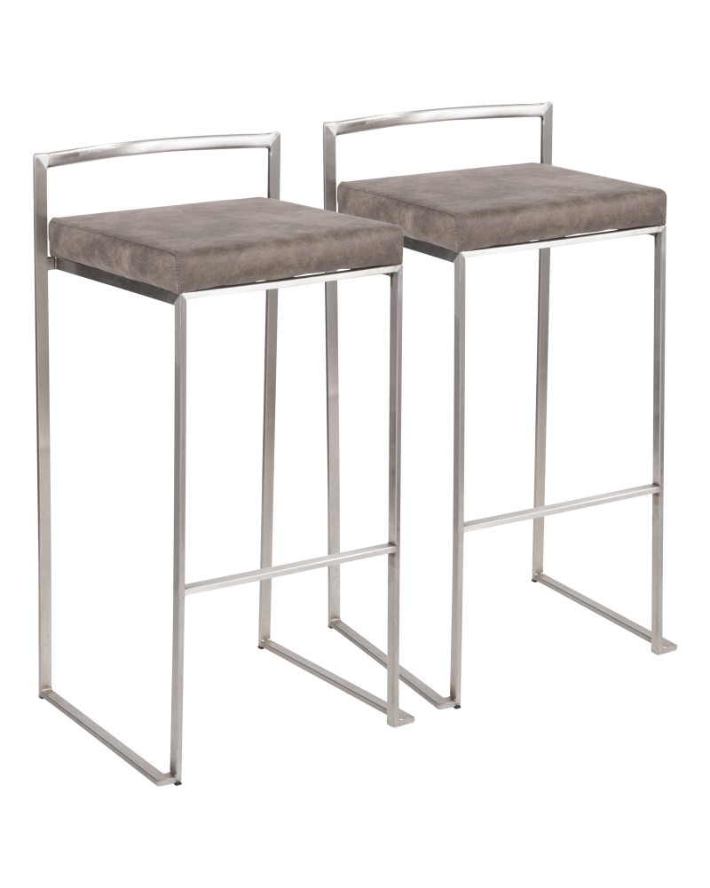 Fuji Contemporary Stackable Barstool in Stainless Steel with Stone Cowboy Fabric Cushion - Set of 2