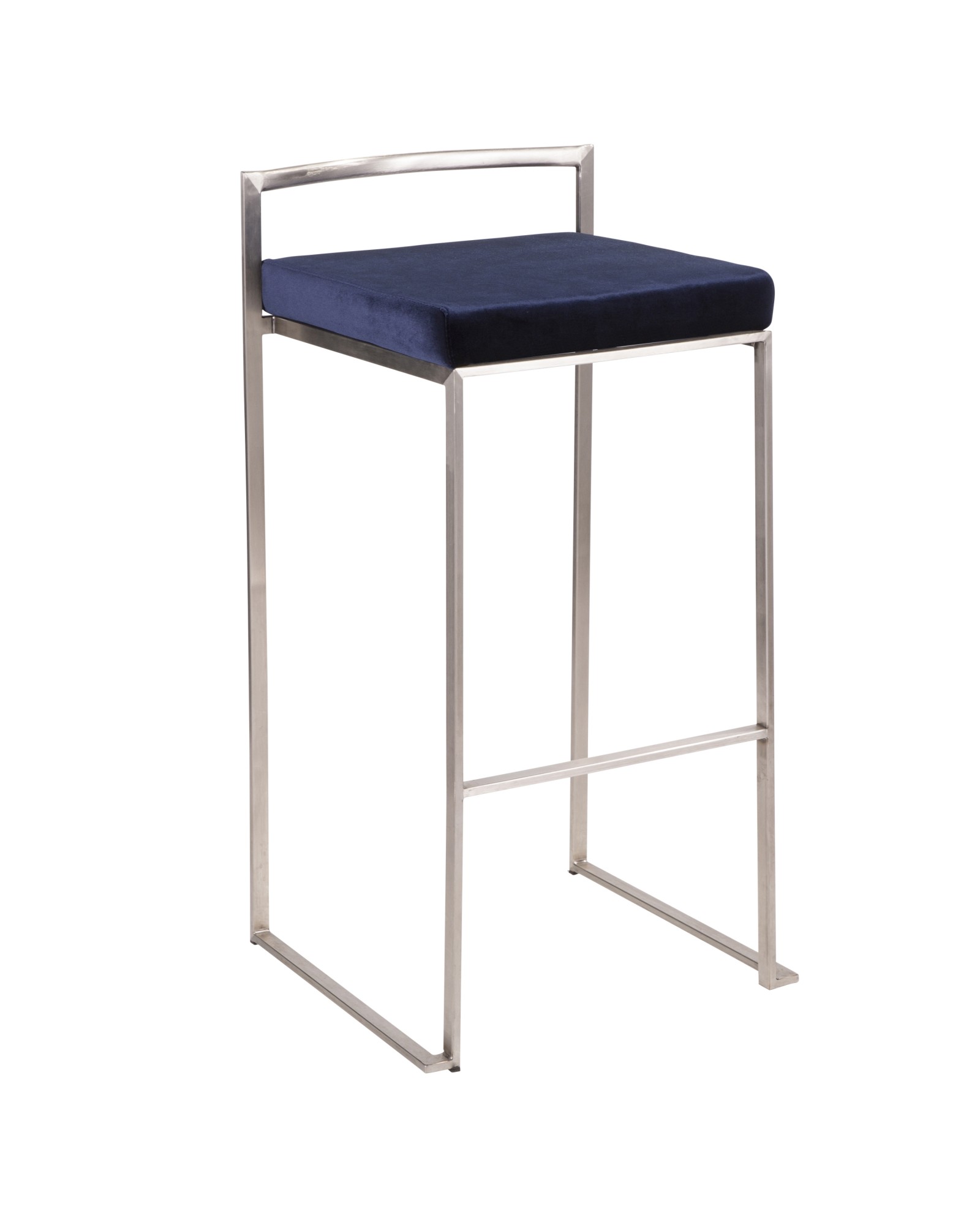 Fuji Contemporary Stackable Barstool in Stainless Steel with Blue Velvet Cushion - Set of 2