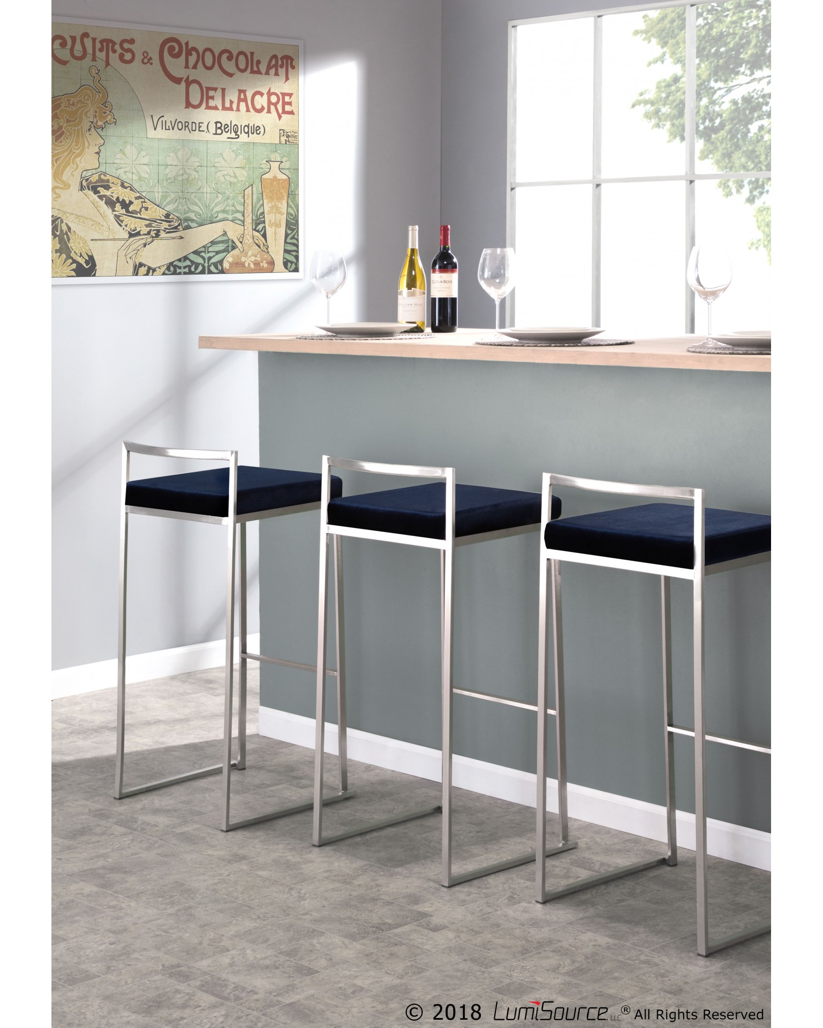 Fuji Contemporary Stackable Barstool in Stainless Steel with Blue Velvet Cushion - Set of 2