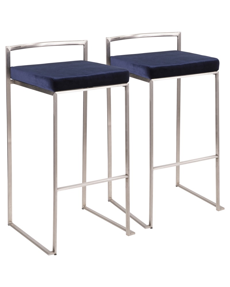 Fuji Contemporary Stackable Barstool in Stainless Steel with Blue Velvet Cushion - Set of 2