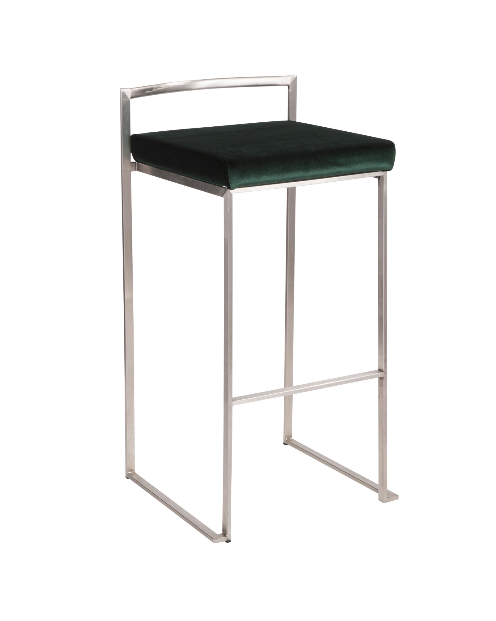 Fuji Contemporary Stackable Barstool in Stainless Steel with Green Velvet Cushion - Set of 2