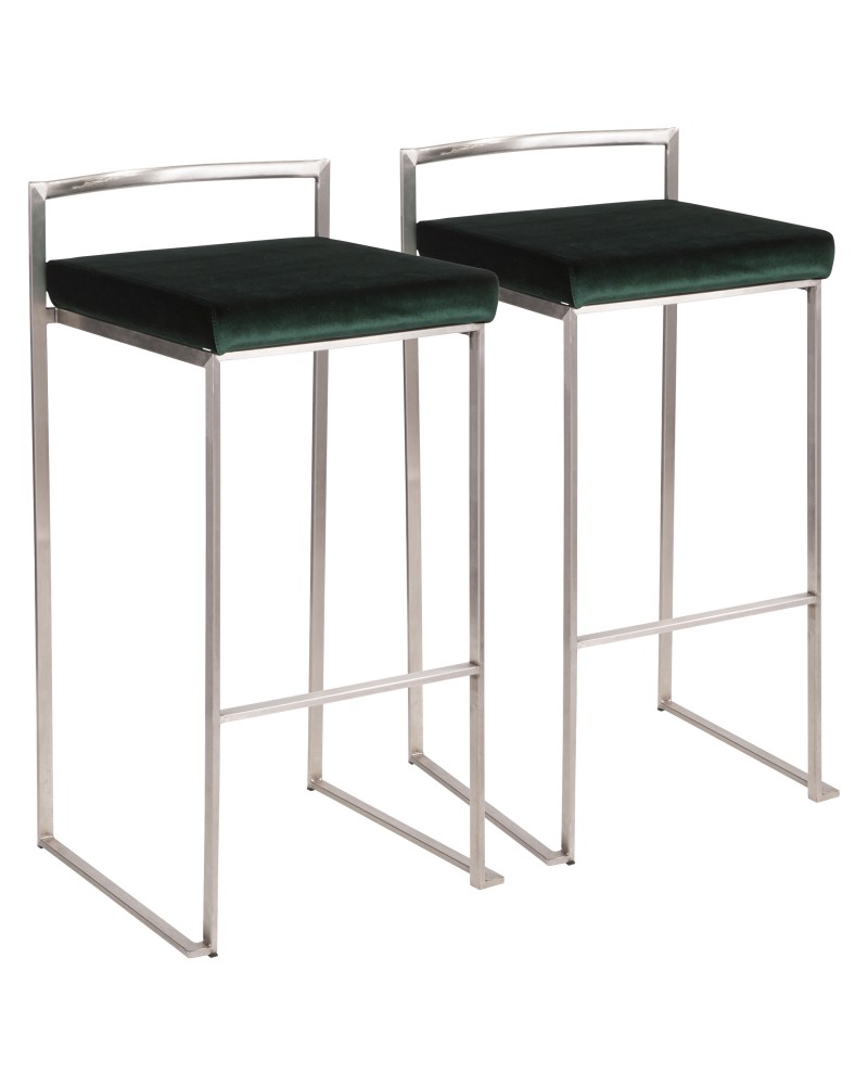 Fuji Contemporary Stackable Barstool in Stainless Steel with Green Velvet Cushion - Set of 2