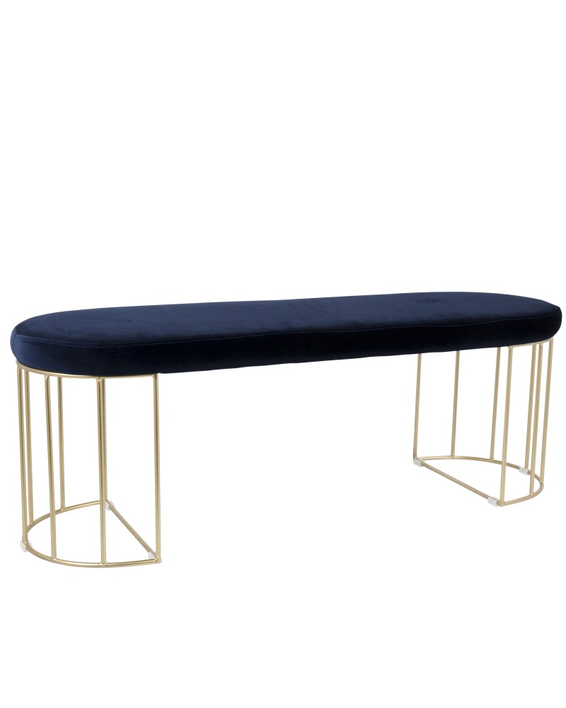 Canary Contemporary-Glam Dining/Entryway Bench in Gold and Blue Velvet