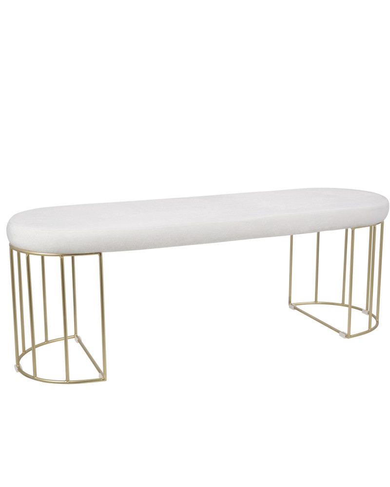 Canary Contemporary-Glam Dining/Entryway Bench in Gold and White Mohair Fabric