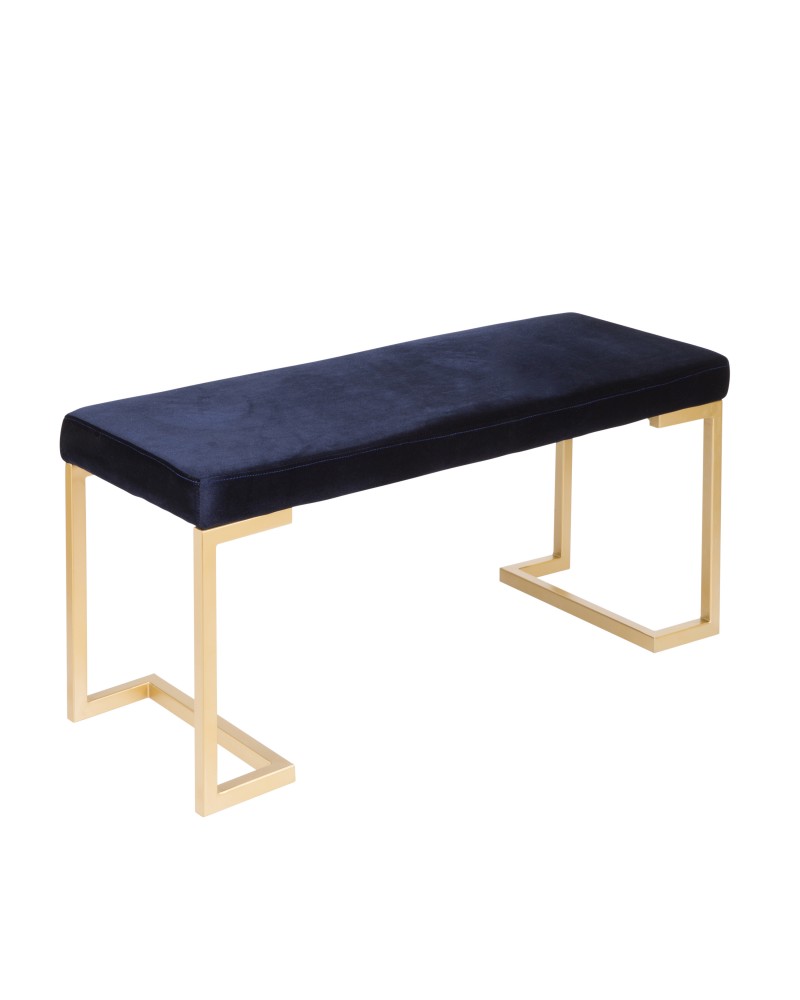 Midas Contemporary-Glam Entryway/Dining Bench in Gold with Blue Velvet Cushion