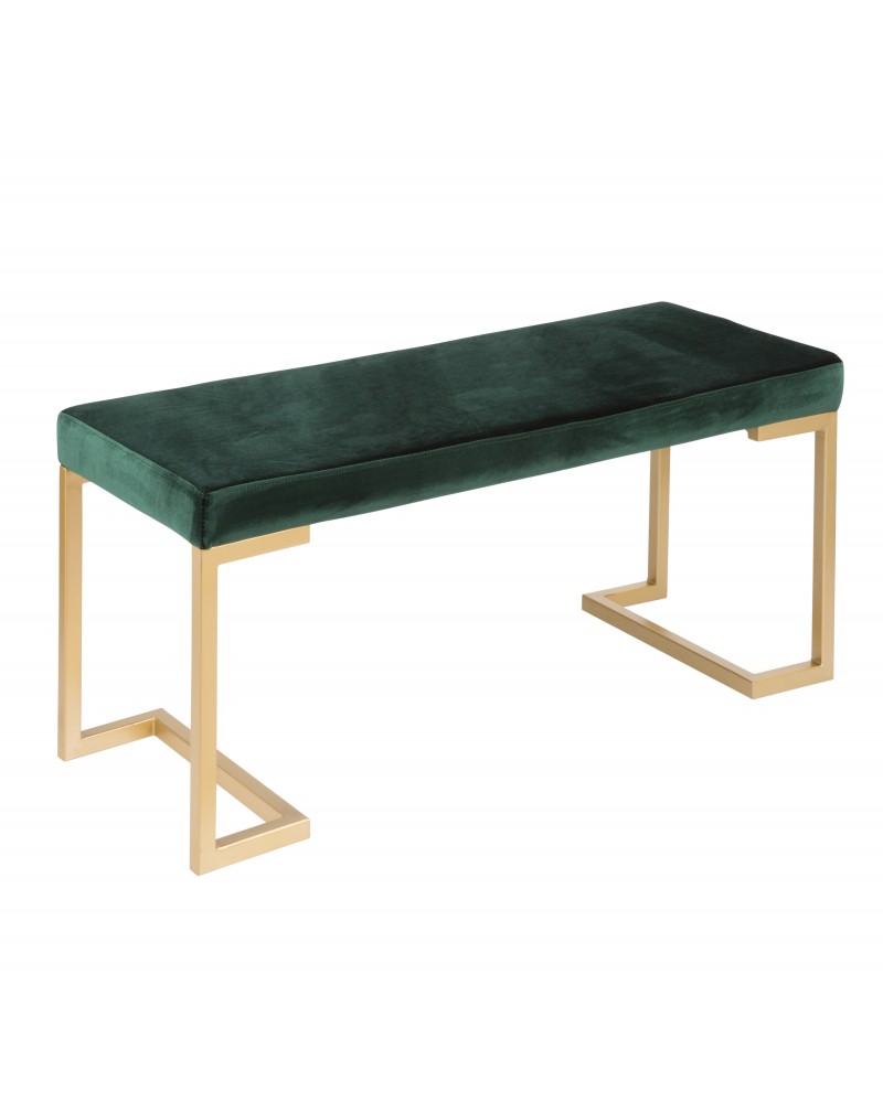 Midas Contemporary-Glam Entryway/Dining Bench in Gold with Green Velvet Cushion