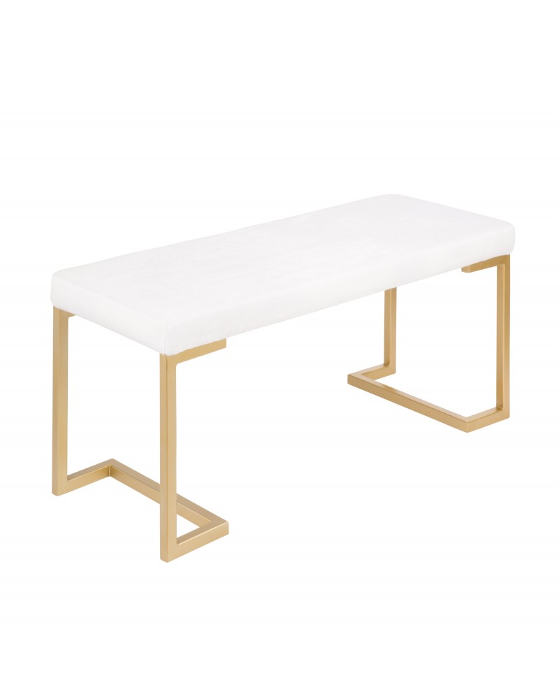 Midas Contemporary-Glam Entryway/Dining Bench in Gold with White Mohair Cushion