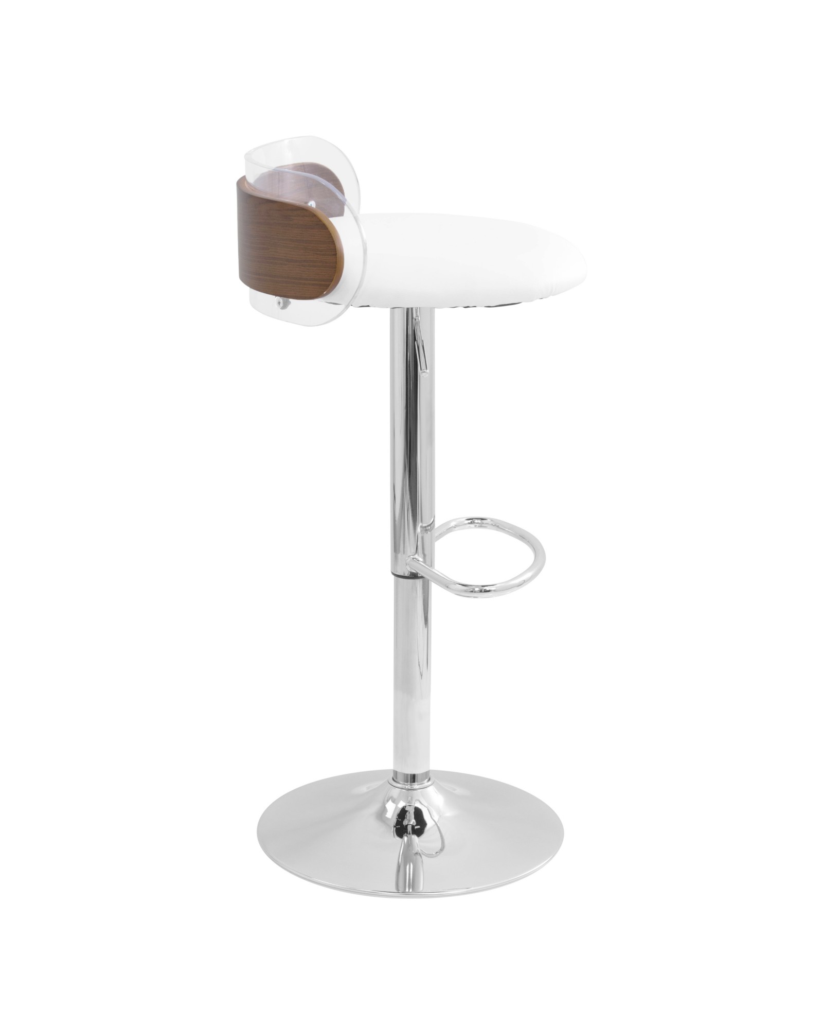Arc Contemporary Adjustable Barstool in Walnut Wood, Clear Acrylic, and White Faux Leather