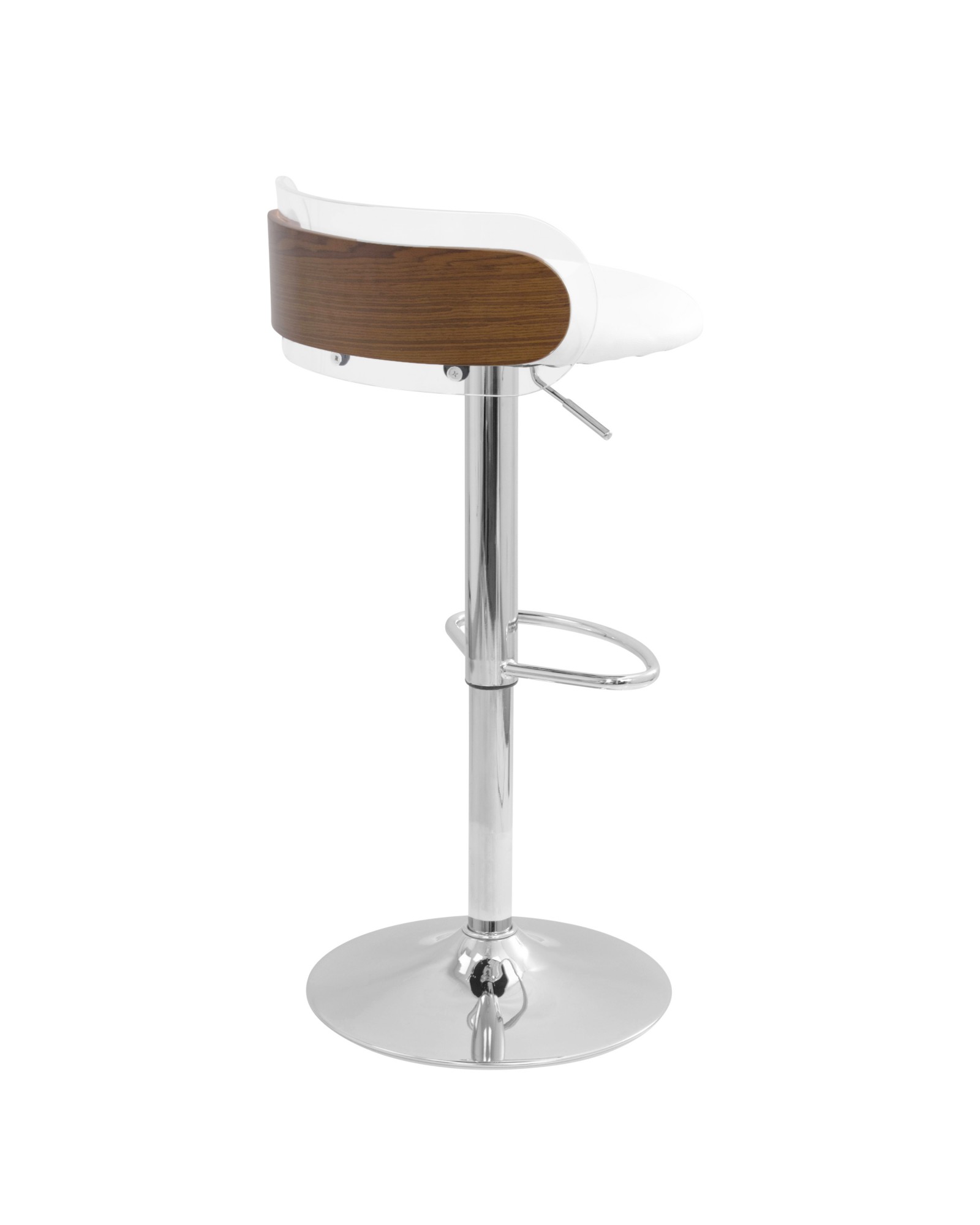 Arc Contemporary Adjustable Barstool in Walnut Wood, Clear Acrylic, and White Faux Leather
